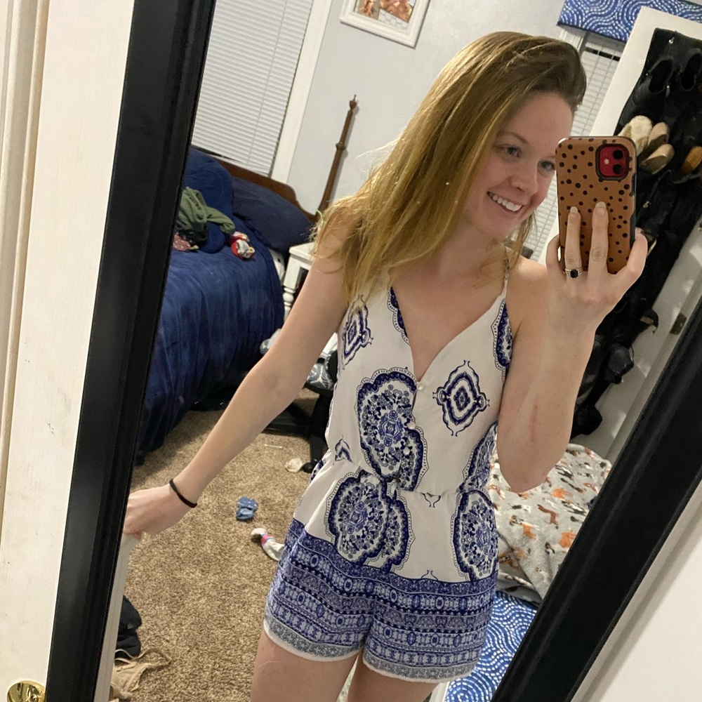 Blue and white romper